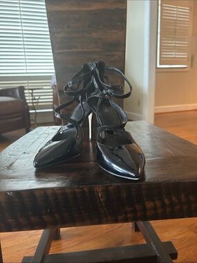 MICHAEL Michael Kors Black Patent Pointed Toe Strappy Lace-Up Heels